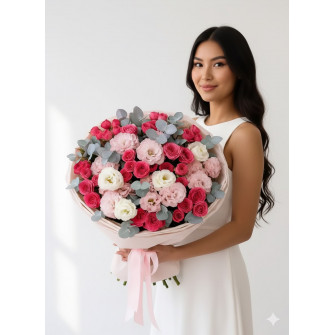 Букет из спрей роз, лизиантусов и эвкалипта